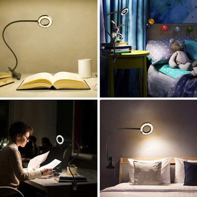 Lampa LED Inelara cu Brat Flexibil si Clema pentru prindere – 3 Culori de Lumina, 10 Niveluri de Intensitate, Control pe Fir, Alimentare USB, Negru