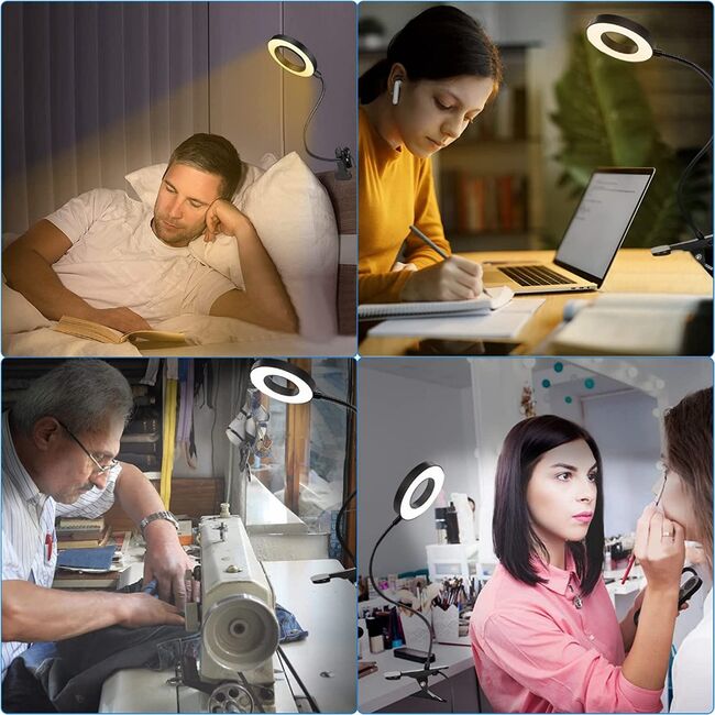Lampa LED Inelara cu Brat Flexibil si Clema pentru prindere – 3 Culori de Lumina, 10 Niveluri de Intensitate, Control pe Fir, Alimentare USB, Negru