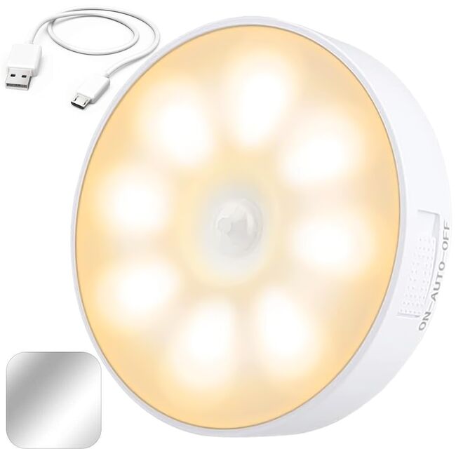Lampa LED cu Senzor de Miscare si Intuneric – Lumina Calda 3000K, Reincarcabila, Wireless, Ideala pentru Mobilier, Hol, Scara sau Dulap, alb