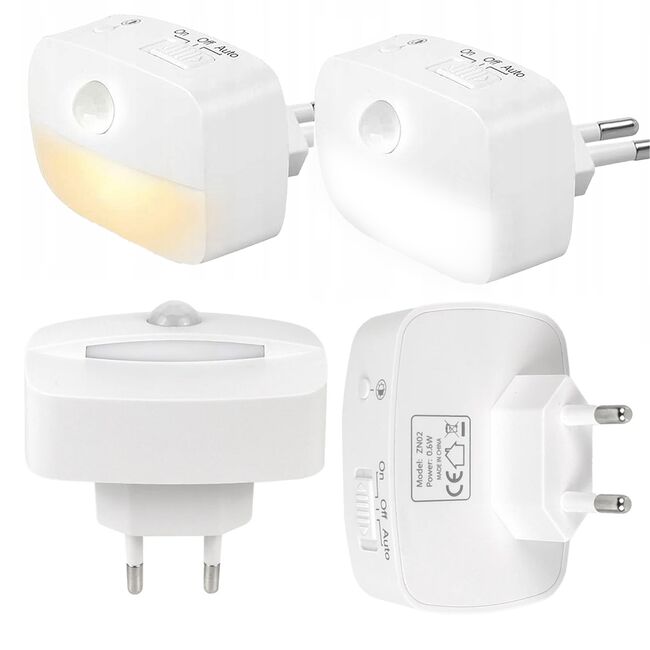 Lampă de Veghe LED cu Senzor de Mișcare pentru Priză EU – 3 Culori de Lumină, Comutator Automat, Alb