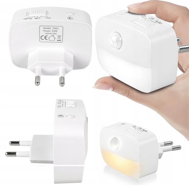 Lampă de Veghe LED cu Senzor de Mișcare pentru Priză EU – 3 Culori de Lumină, Comutator Automat, Alb