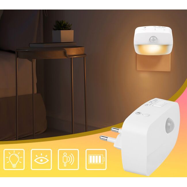 Lampă de Veghe LED cu Senzor de Mișcare pentru Priză EU – 3 Culori de Lumină, Comutator Automat, Alb