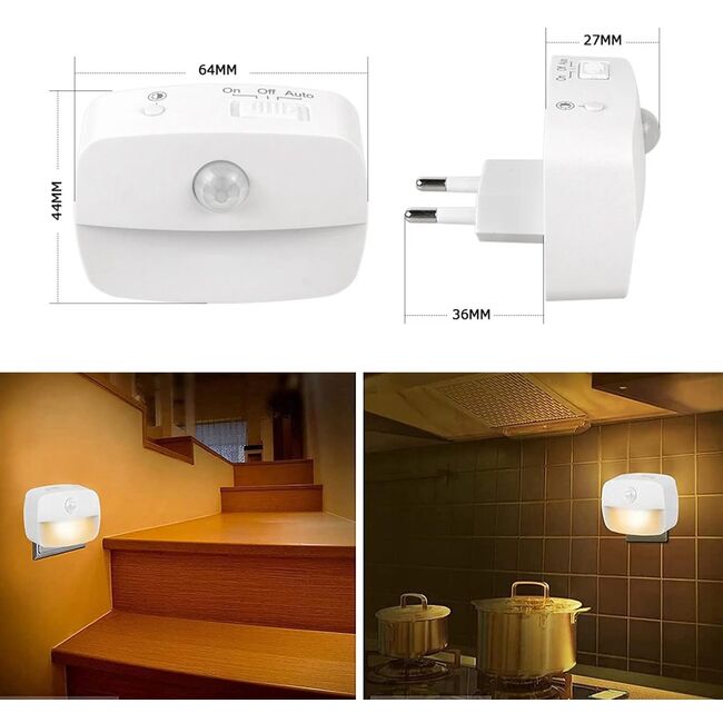 Lampă de Veghe LED cu Senzor de Mișcare pentru Priză EU – 3 Culori de Lumină, Comutator Automat, Alb
