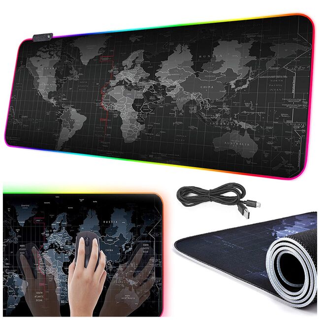 Mouse Pad Gaming XXL 80x30 cm cu Iluminare RGB – Harta Lumii, Bază Antiderapantă