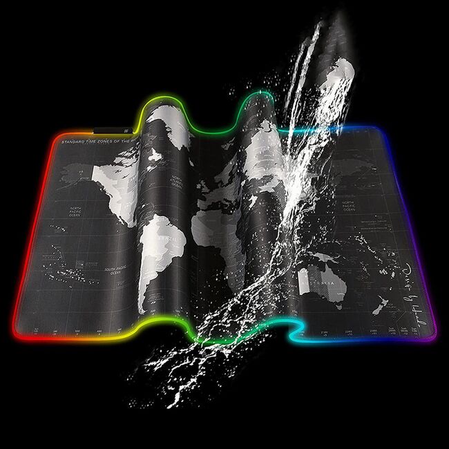 Mouse Pad Gaming XXL 80x30 cm cu Iluminare RGB – Harta Lumii, Bază Antiderapantă
