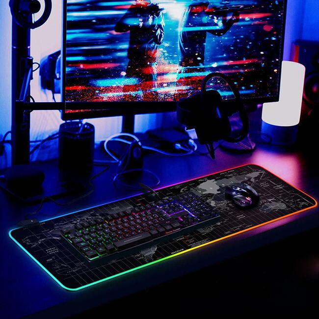 Mouse Pad Gaming XXL 80x30 cm cu Iluminare RGB – Harta Lumii, Bază Antiderapantă