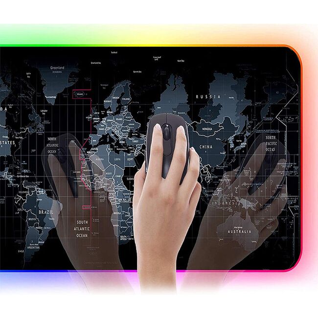 Mouse Pad Gaming XXL 80x30 cm cu Iluminare RGB – Harta Lumii, Bază Antiderapantă