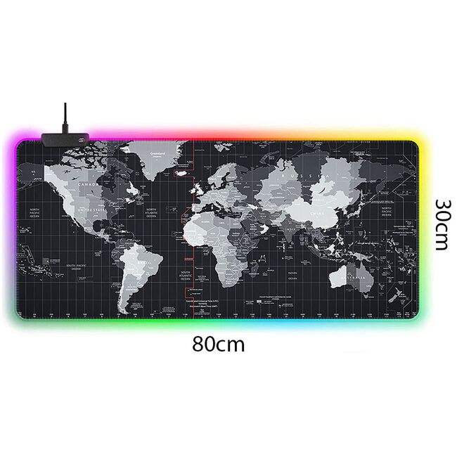 Mouse Pad Gaming XXL 80x30 cm cu Iluminare RGB – Harta Lumii, Bază Antiderapantă