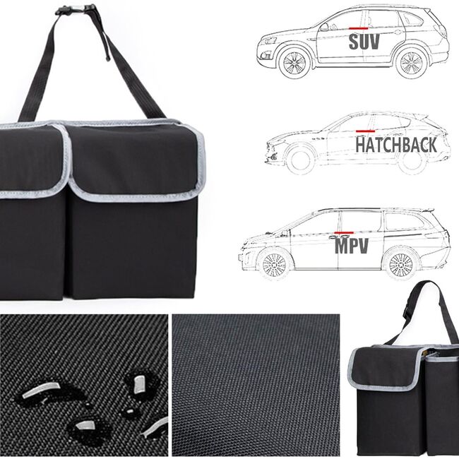 Organizator Auto pentru Portbagaj – Geanta cu 4 Compartimente, Prindere cu Velcro si Curele, Negru