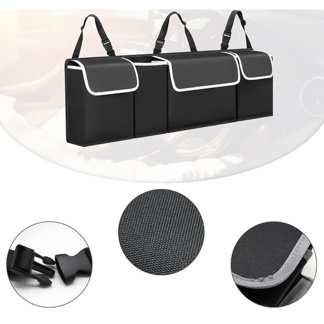 Organizator Auto pentru Portbagaj – Geanta cu 4 Compartimente, Prindere cu Velcro si Curele, Negru