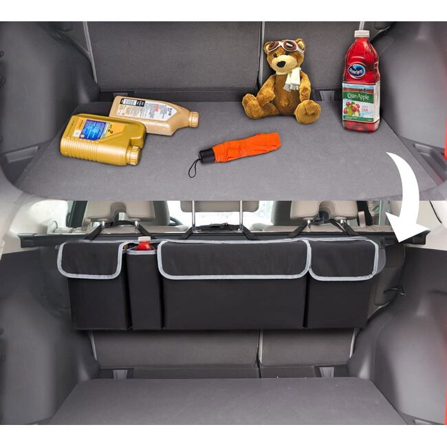 Organizator Auto pentru Portbagaj – Geanta cu 4 Compartimente, Prindere cu Velcro si Curele, Negru
