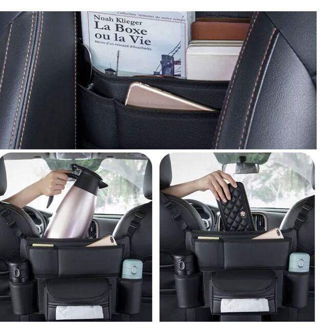 Organizator Auto pentru Spatiul dintre Scaune – suport pentru sticle, servețele si accesorii, Negru