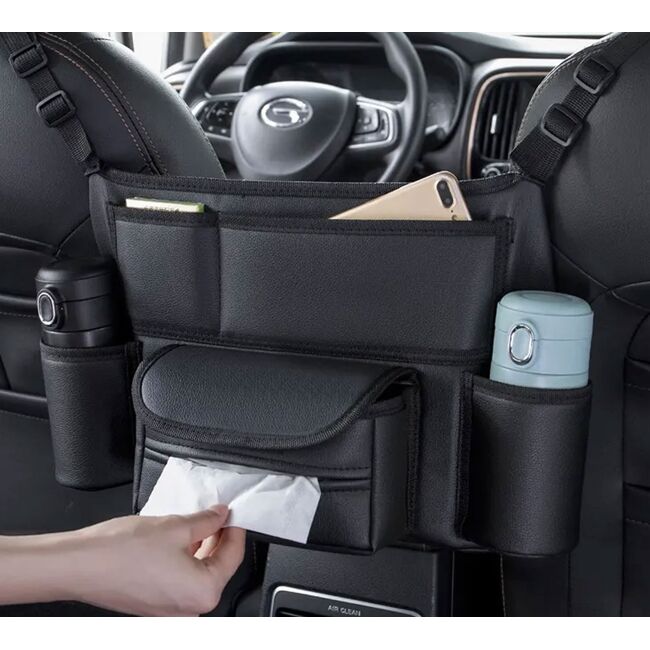 Organizator Auto pentru Spatiul dintre Scaune – suport pentru sticle, servețele si accesorii, Negru