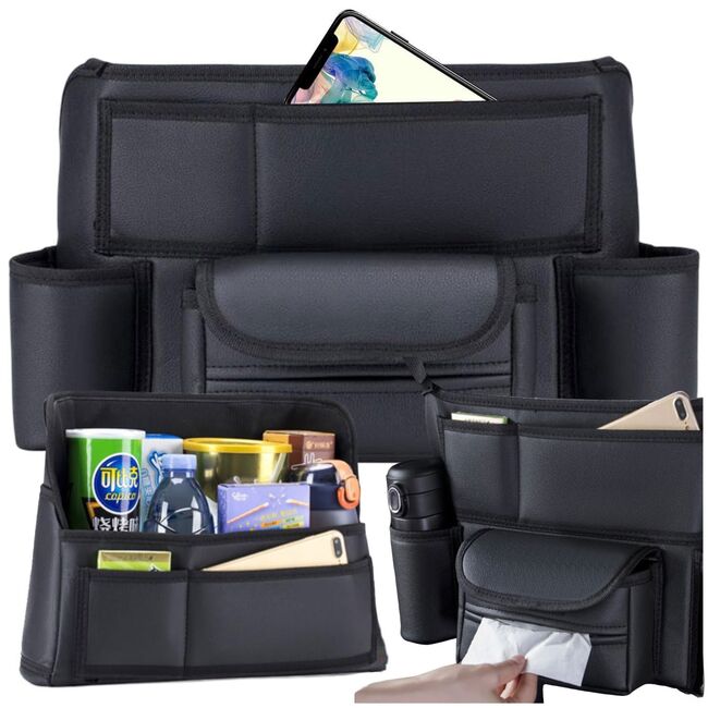 Organizator Auto pentru Spatiul dintre Scaune – suport pentru sticle, servețele si accesorii, Negru