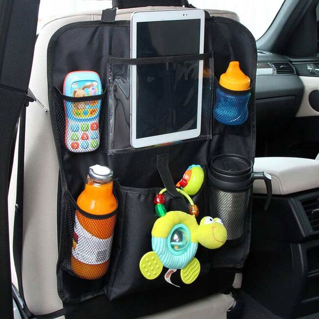 Organizator auto elegant pentru spatar scaun auto cu suport tableta / telefon, multiple buzunare, 42 x 62 cm –  ideala pentru calatorii