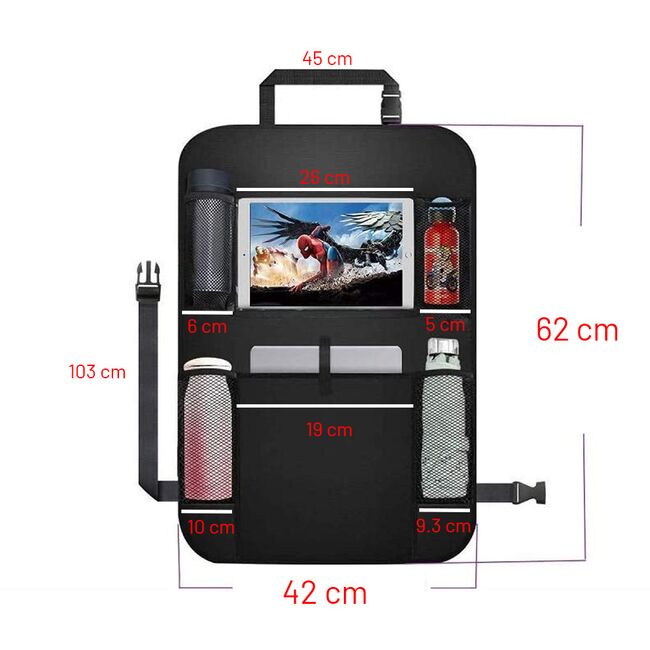 Organizator auto elegant pentru spatar scaun auto cu suport tableta / telefon, multiple buzunare, 42 x 62 cm –  ideala pentru calatorii