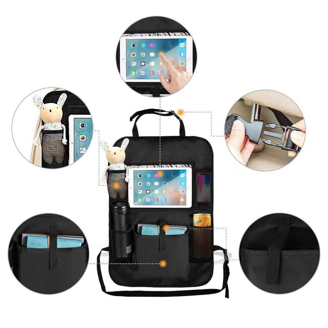Organizator auto elegant pentru spatar scaun auto cu suport tableta / telefon, multiple buzunare, 42 x 62 cm –  ideala pentru calatorii