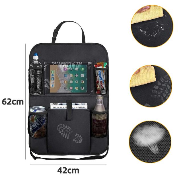 Organizator auto elegant pentru spatar scaun auto cu suport tableta / telefon, multiple buzunare, 42 x 62 cm –  ideala pentru calatorii