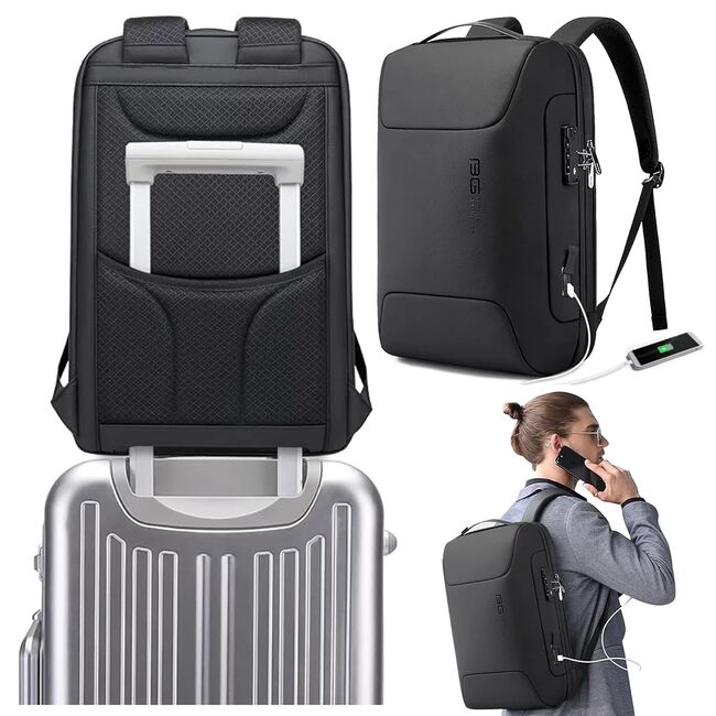 Rucsac Antifurt Multifunctional, Impermeabil, cu Port USB – Pentru Laptopuri până la 15.6", sistem fixare pe valiza, compatibil Wizz Air si Ryan Air, 24L, 47x33x16 cm, Negru