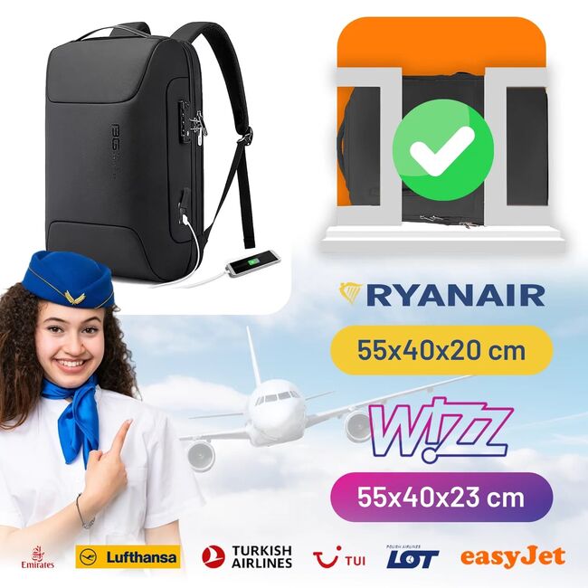 Rucsac Antifurt Multifunctional, Impermeabil, cu Port USB – Pentru Laptopuri până la 15.6", sistem fixare pe valiza, compatibil Wizz Air si Ryan Air, 24L, 47x33x16 cm, Negru