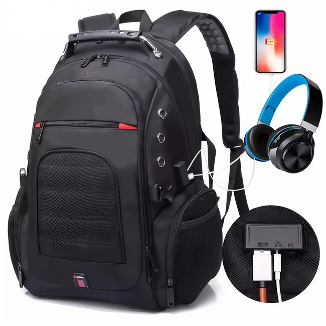 Rucsac Business & Travel cu Port USB și Jack – 35L, Laptop 15”, Impermeabil, Compartiment Antişoc, Negru