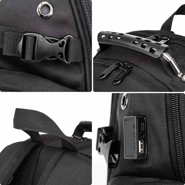 Rucsac Business & Travel cu Port USB și Jack – 35L, Laptop 15”, Impermeabil, Compartiment Antişoc, Negru