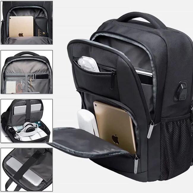 Rucsac multifunctional Impermeabil cu Port USB si buzunar anti-furt  – 35L, Pentru Laptop pana la 15.6”, sistem fixare pe valiza, ideal calatorii, job sau zbor, negru