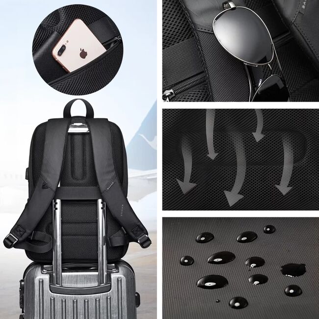 Rucsac multifunctional Impermeabil cu Port USB si buzunar anti-furt  – 35L, Pentru Laptop pana la 15.6”, sistem fixare pe valiza, ideal calatorii, job sau zbor, negru