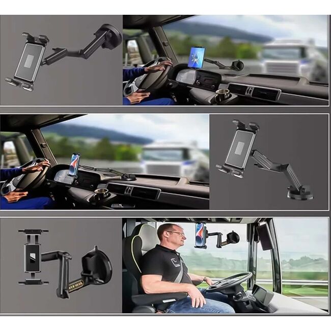Suport Auto Universal pentru Tabletă și Telefon – Braț Lung 43 cm, Montaj pe Parbriz sau Bord, Compatibil până la 11”, ventuza puternica, Ideal pentru Camioane, Autobuze, Utilaje și Autoturisme