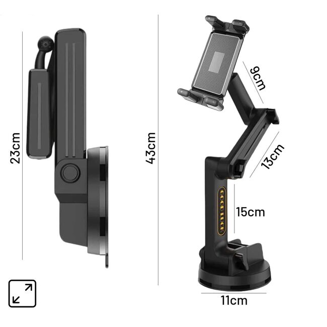 Suport Auto Universal pentru Tabletă și Telefon – Braț Lung 43 cm, Montaj pe Parbriz sau Bord, Compatibil până la 11”, ventuza puternica, Ideal pentru Camioane, Autobuze, Utilaje și Autoturisme