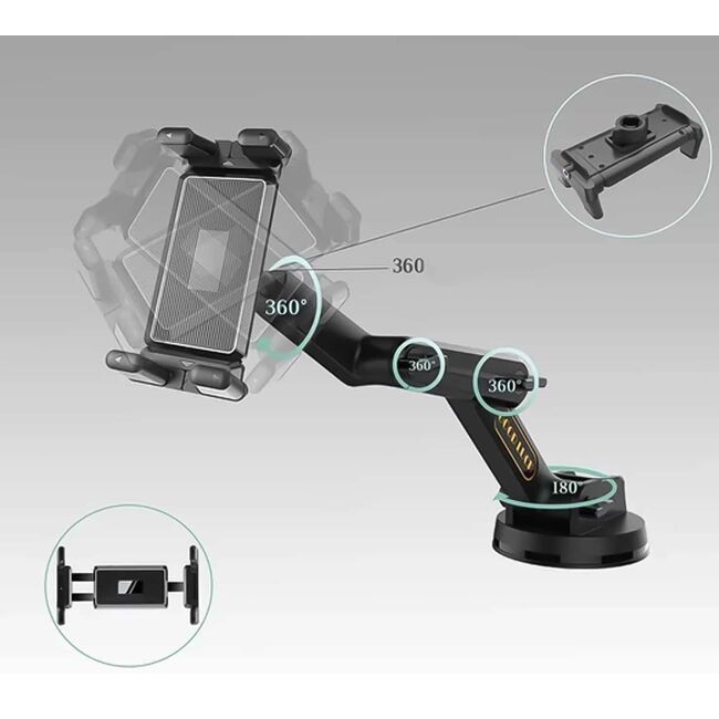 Suport Auto Universal pentru Tabletă și Telefon – Braț Lung 43 cm, Montaj pe Parbriz sau Bord, Compatibil până la 11”, ventuza puternica, Ideal pentru Camioane, Autobuze, Utilaje și Autoturisme