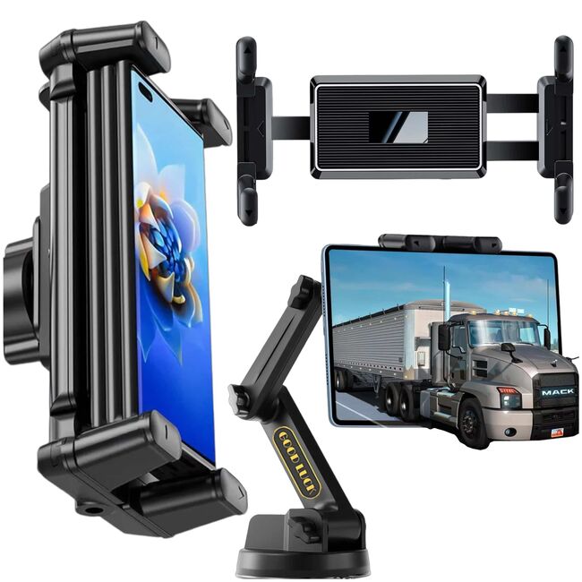 Suport Auto Universal pentru Tabletă și Telefon – Braț Lung 43 cm, Montaj pe Parbriz sau Bord, Compatibil până la 11”, ventuza puternica, Ideal pentru Camioane, Autobuze, Utilaje și Autoturisme