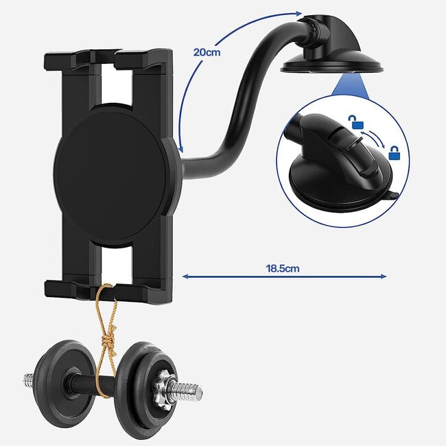 Suport Auto Universal pentru Telefon și Tabletă 4–13” – Braț Lung 20 cm, Montaj pe Parbriz sau Bord, Reglabil 360°, Negru