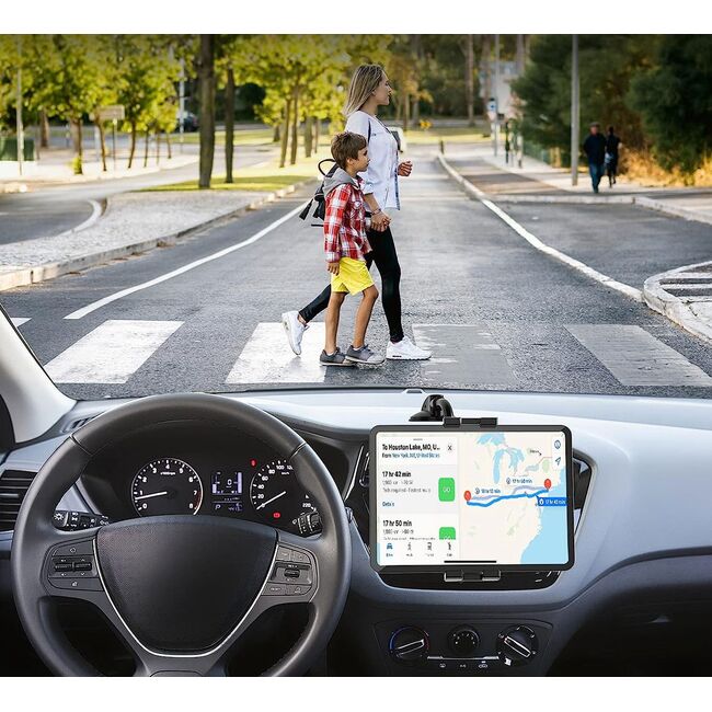Suport Auto Universal pentru Telefon și Tabletă 4–13” – Braț Lung 20 cm, Montaj pe Parbriz sau Bord, Reglabil 360°, Negru