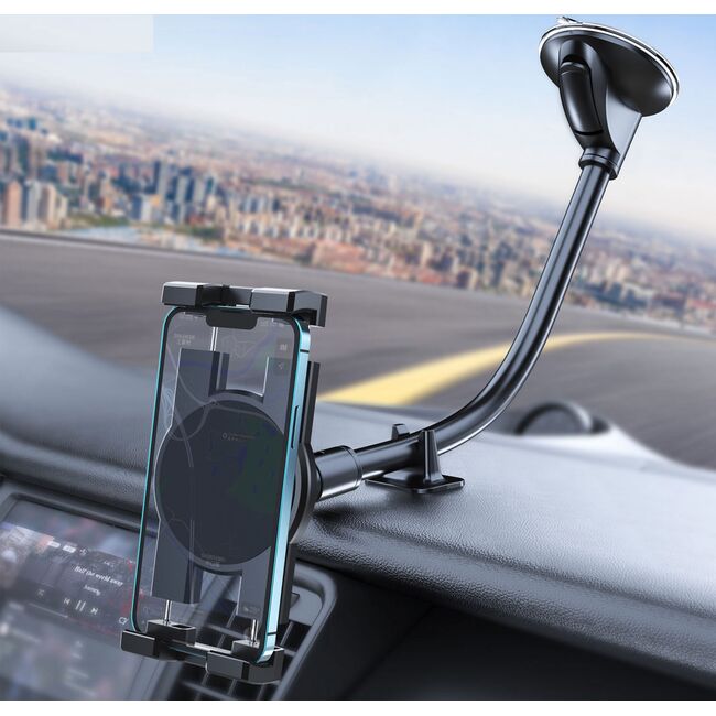 Suport Auto Universal pentru Telefon și Tabletă 4–13” – Braț Lung 20 cm, Montaj pe Parbriz sau Bord, Reglabil 360°, Negru