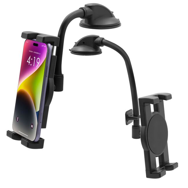 Suport Auto Universal pentru Telefon și Tabletă 4–13” – Braț Lung 20 cm, Montaj pe Parbriz sau Bord, Reglabil 360°, Negru