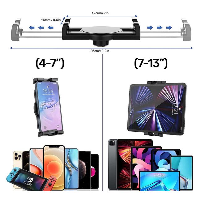 Suport Auto Universal pentru Telefon și Tabletă 4–13” – Braț Lung 20 cm, Montaj pe Parbriz sau Bord, Reglabil 360°, Negru