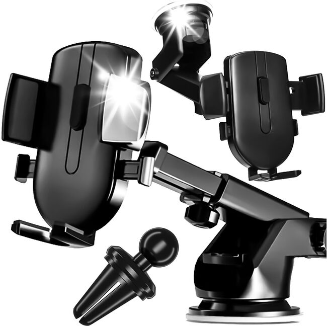 Suport Auto pentru Telefon 3 in 1 cu Brat reglabil telescopic, pentru bord, parbriz sau grila ventilatie, prindere automata - negru