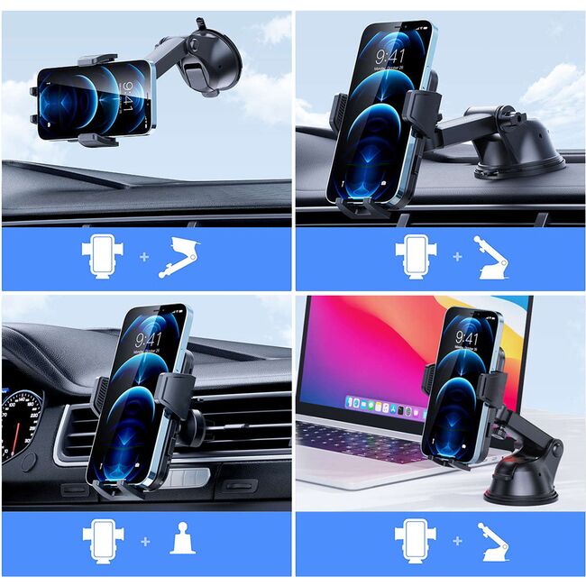 Suport Auto pentru Telefon 3 in 1 cu Brat reglabil telescopic, pentru bord, parbriz sau grila ventilatie, prindere automata - negru