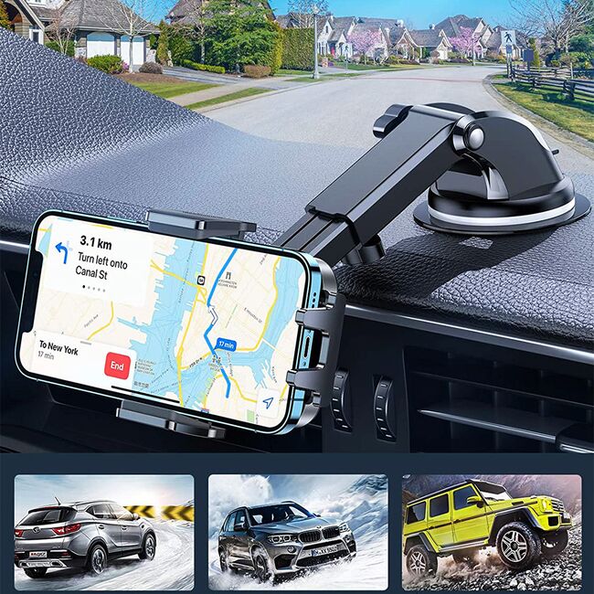 Suport Auto pentru Telefon 3 in 1 cu Brat reglabil telescopic, pentru bord, parbriz sau grila ventilatie, prindere automata - negru