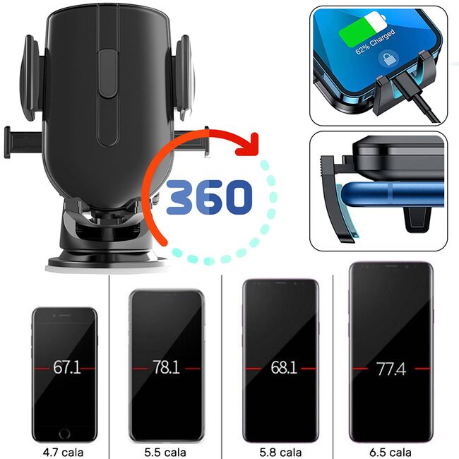 Suport Auto pentru Telefon 3 in 1 cu Brat reglabil telescopic, pentru bord, parbriz sau grila ventilatie, prindere automata - negru