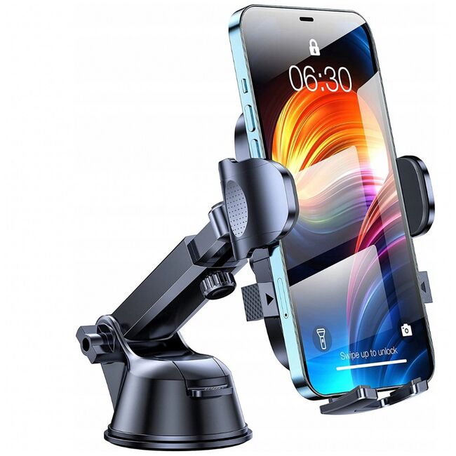 Suport Auto pentru Telefon 3 in 1 cu Brat reglabil telescopic, pentru bord, parbriz sau grila ventilatie, prindere automata - negru