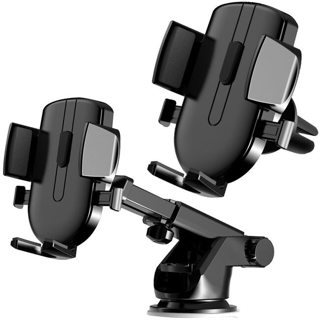 Suport Auto pentru Telefon 3 in 1 cu Brat reglabil telescopic, pentru bord, parbriz sau grila ventilatie, prindere automata - negru