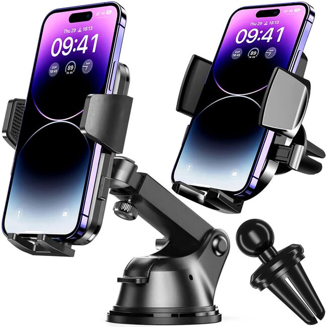 Suport Auto pentru Telefon 3 in 1 cu Brat reglabil telescopic, pentru bord, parbriz sau grila ventilatie, prindere automata - negru