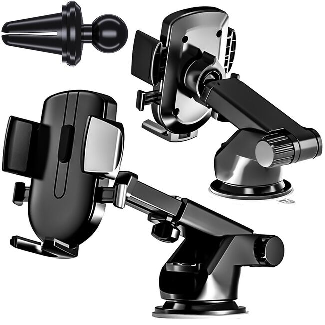 Suport Auto pentru Telefon 3 in 1 cu Brat reglabil telescopic, pentru bord, parbriz sau grila ventilatie, prindere automata - negru