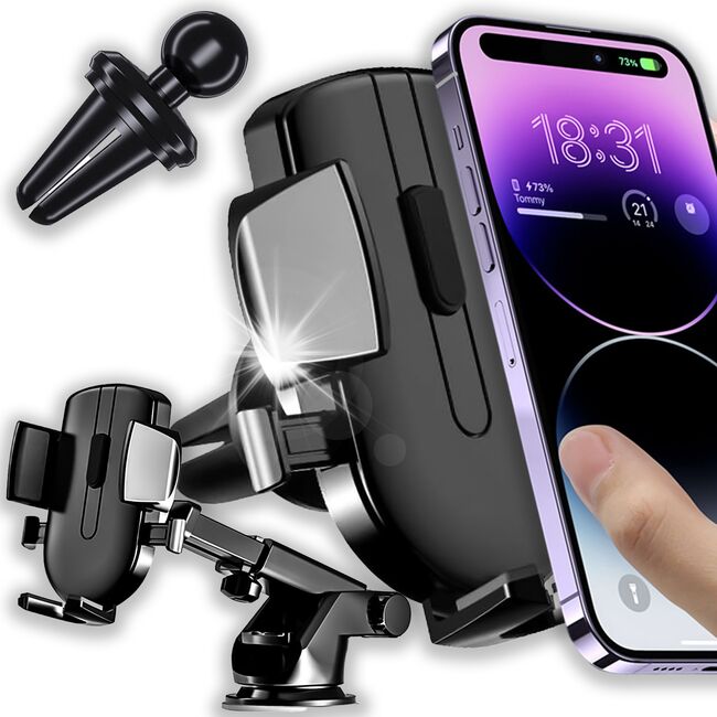 Suport Auto pentru Telefon 3 in 1 cu Brat reglabil telescopic, pentru bord, parbriz sau grila ventilatie, prindere automata - negru