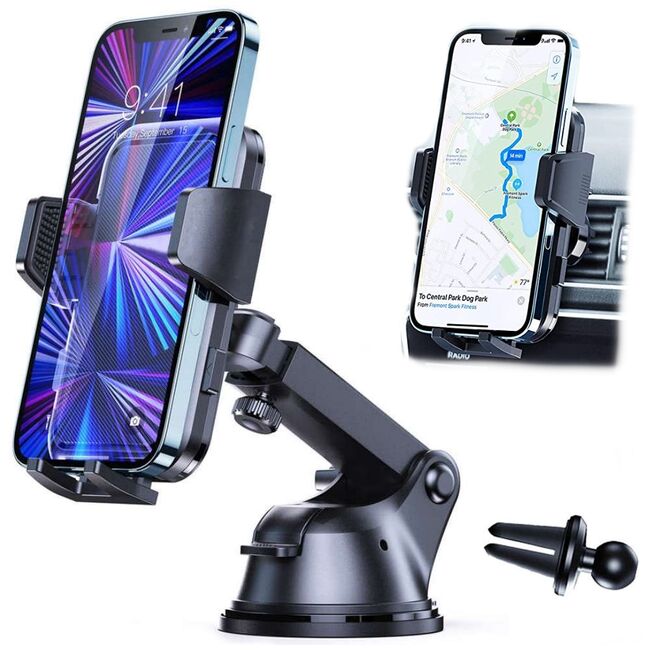 Suport Auto pentru Telefon 3 in 1 cu Brat reglabil telescopic, pentru bord, parbriz sau grila ventilatie, prindere automata - negru