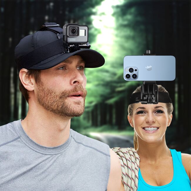Suport Sport 2-în-1 pentru Cap sau Cască – Compatibil cu Telefoane 4–7" și Camere de Acțiune GoPro, DJI, SJCAM, Eken – Reglabil, Negru