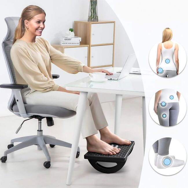 Suport pentru Picioare cu Rolă de Masaj, Ergonomic, pentru Birou, cu Inclinare Reglabila, Negru