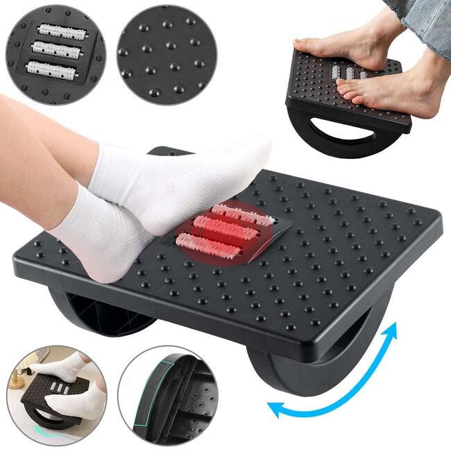 Suport pentru Picioare cu Rolă de Masaj, Ergonomic, pentru Birou, cu Inclinare Reglabila, Negru